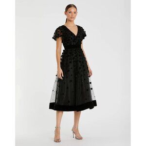 MAC DUGGAL Size 10 Black 67854 Embellished Velvet Trim Cocktail Midi Dress New